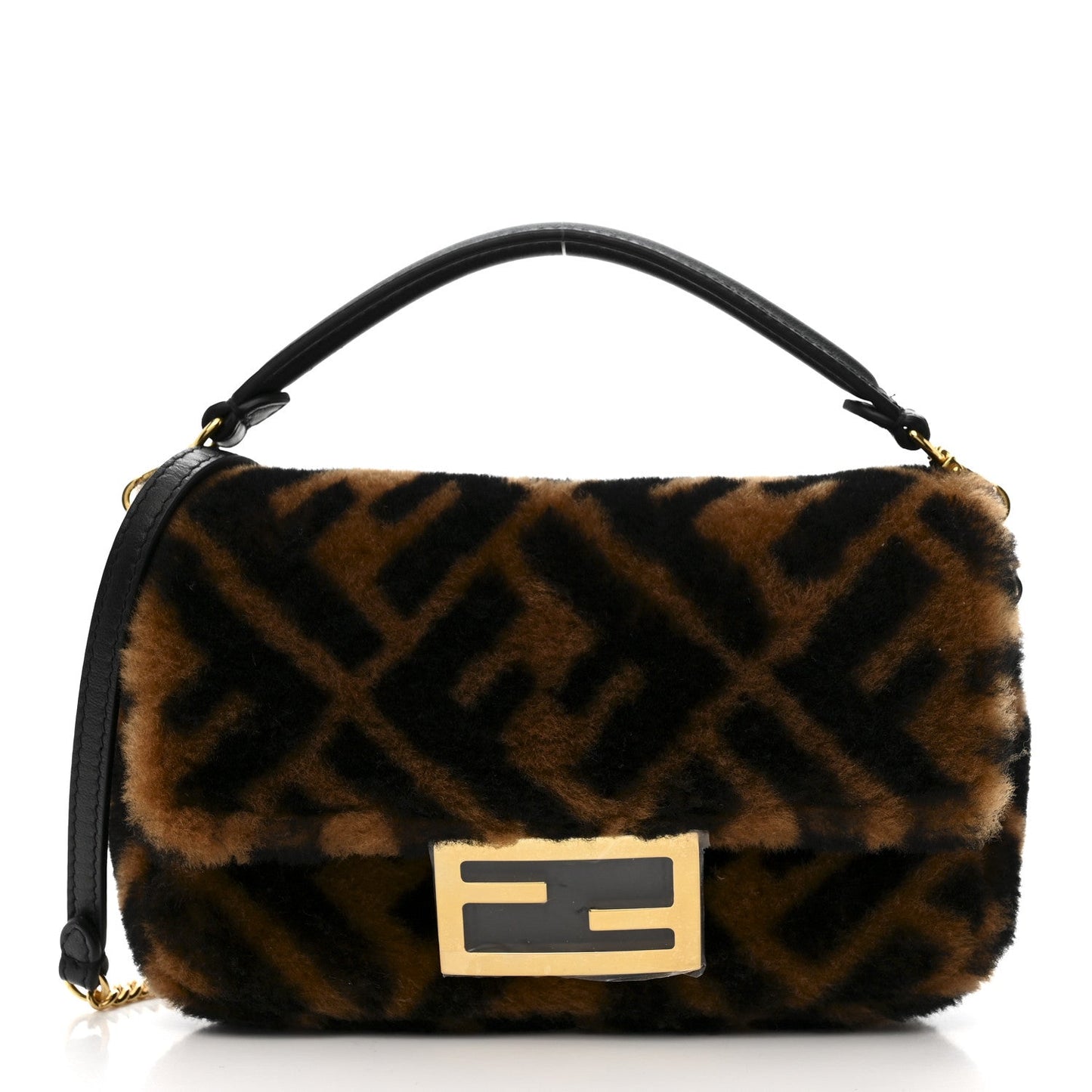 Shearling Vitello Dolce Macro FF 1974 Mini Baguette Tobacco Black