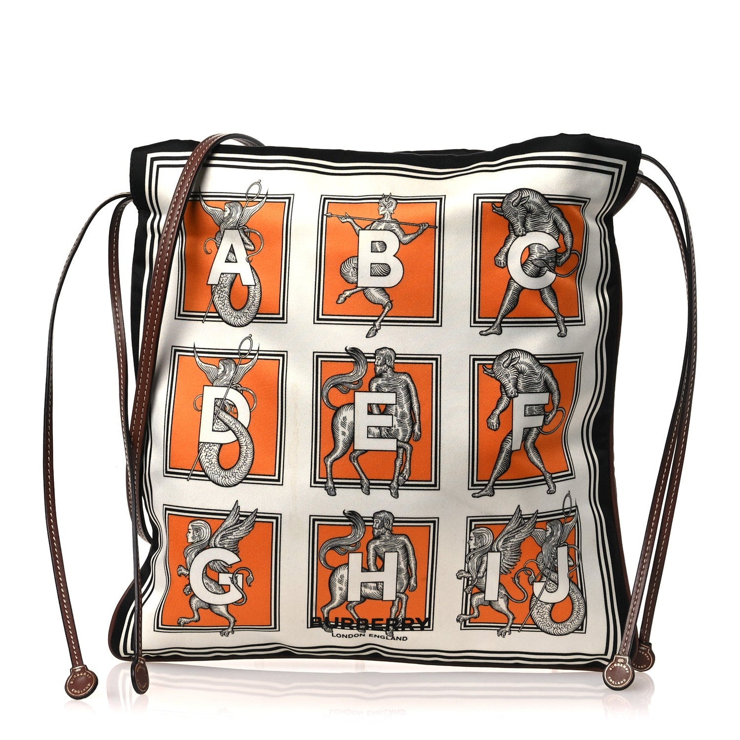 Satin Mythical Alphabet Drawstring Pouch Orange Black White