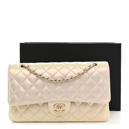 Iridescent Lambskin Quilted Medium Double Flap Ivory