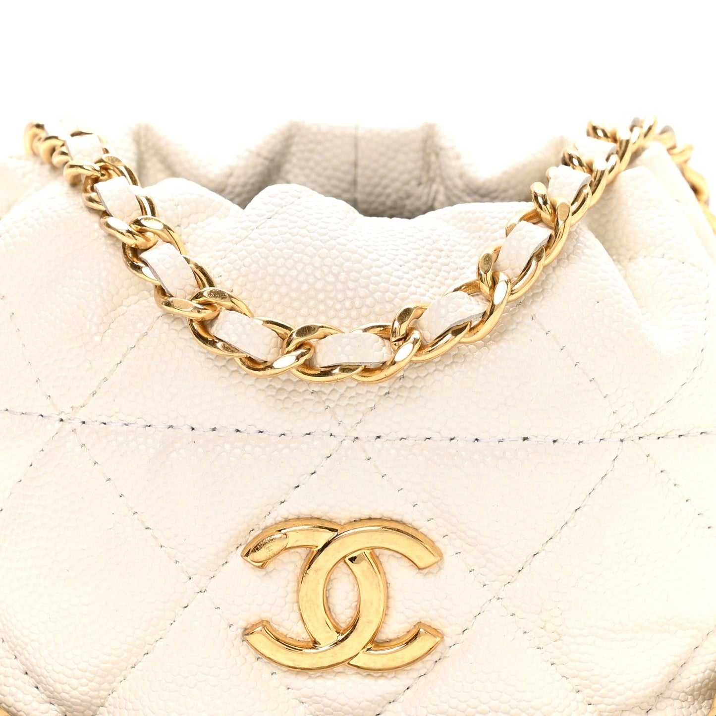 Caviar Quilted Coco First Bucket Clutch With Chain White