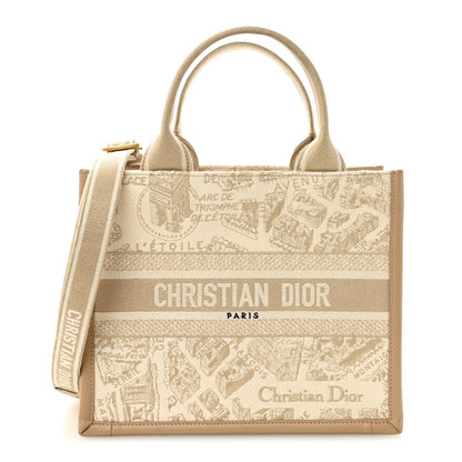 Canvas Calfskin Embroidered Small Plan De Paris Book Tote With Strap Beige