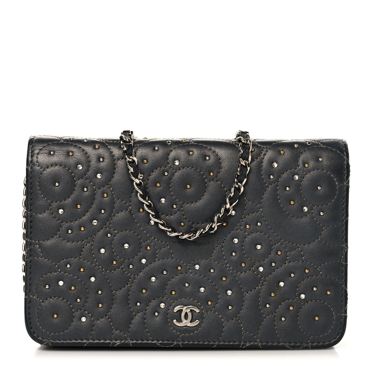 Lambskin Camellia Studded Wallet on Chain WOC Grey