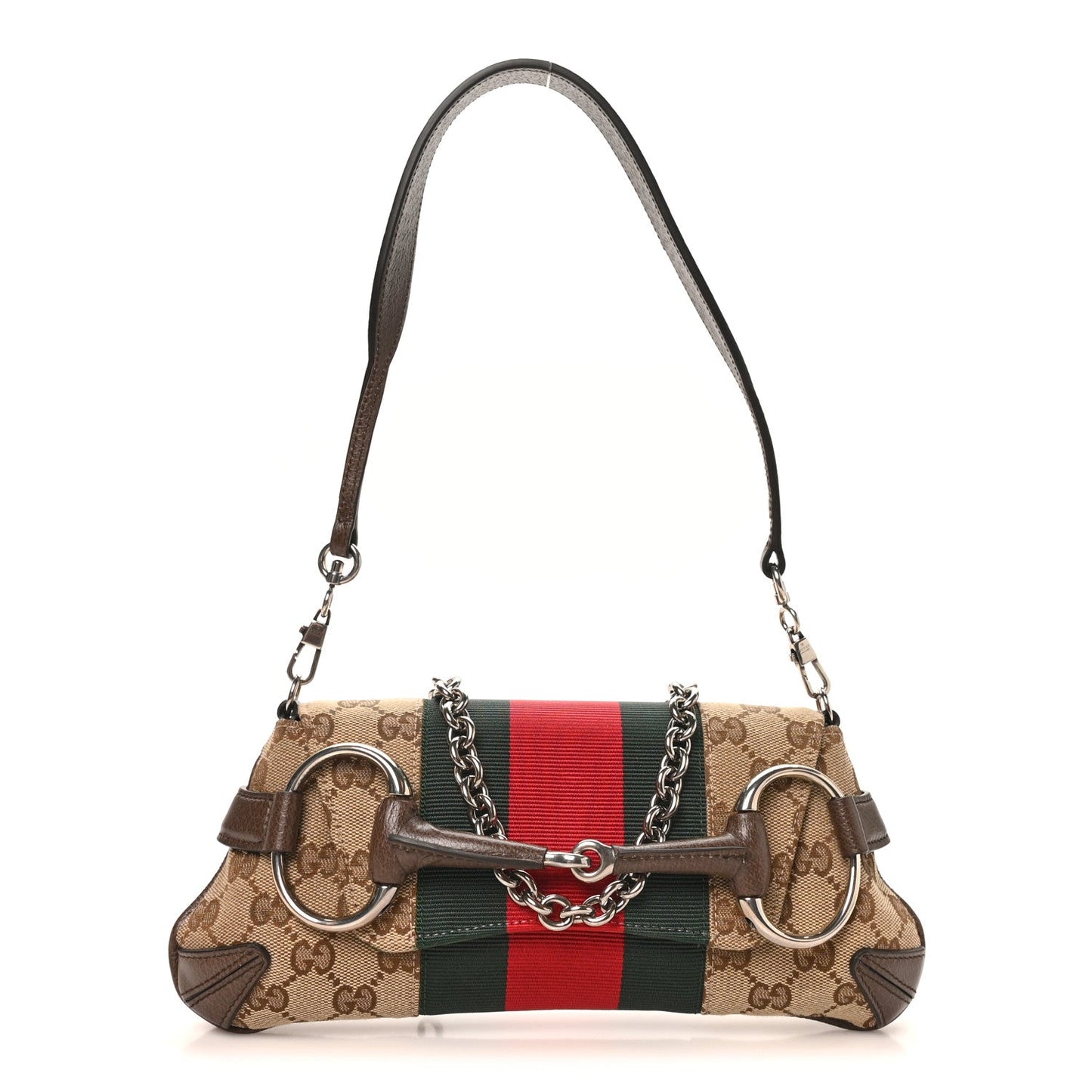 Monogram Textured Dollar Calfskin Heavy Grosgrain Web Small Maxi Horsebit Chain Shoulder Bag Beige Ebony New Acero