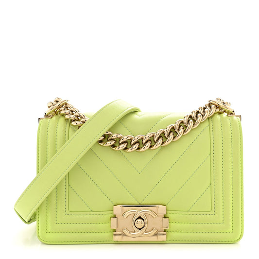 Calfskin Chevron Quilted Small Boy Flap Light Green
