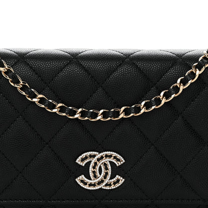 Caviar Quilted Crystal CC Wallet On Chain WOC Black