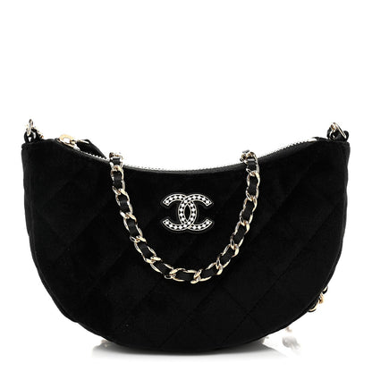 Velvet Crystal Quilted Chain Hobo Black