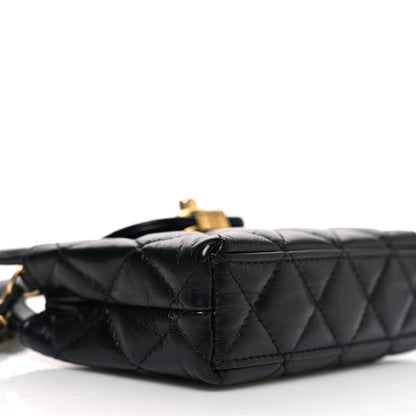 Shiny Aged Calfskin Quilted Mini Nano Kelly Shopper Black