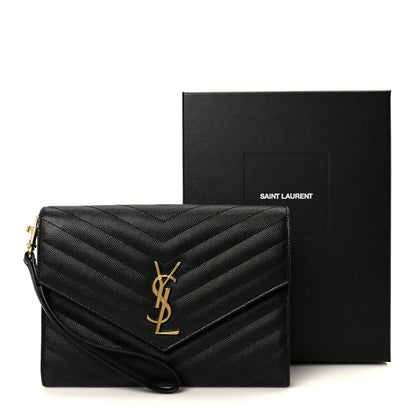 Grain De Poudre Matelasse Chevron Monogram Cassandre Flap Pouch Black