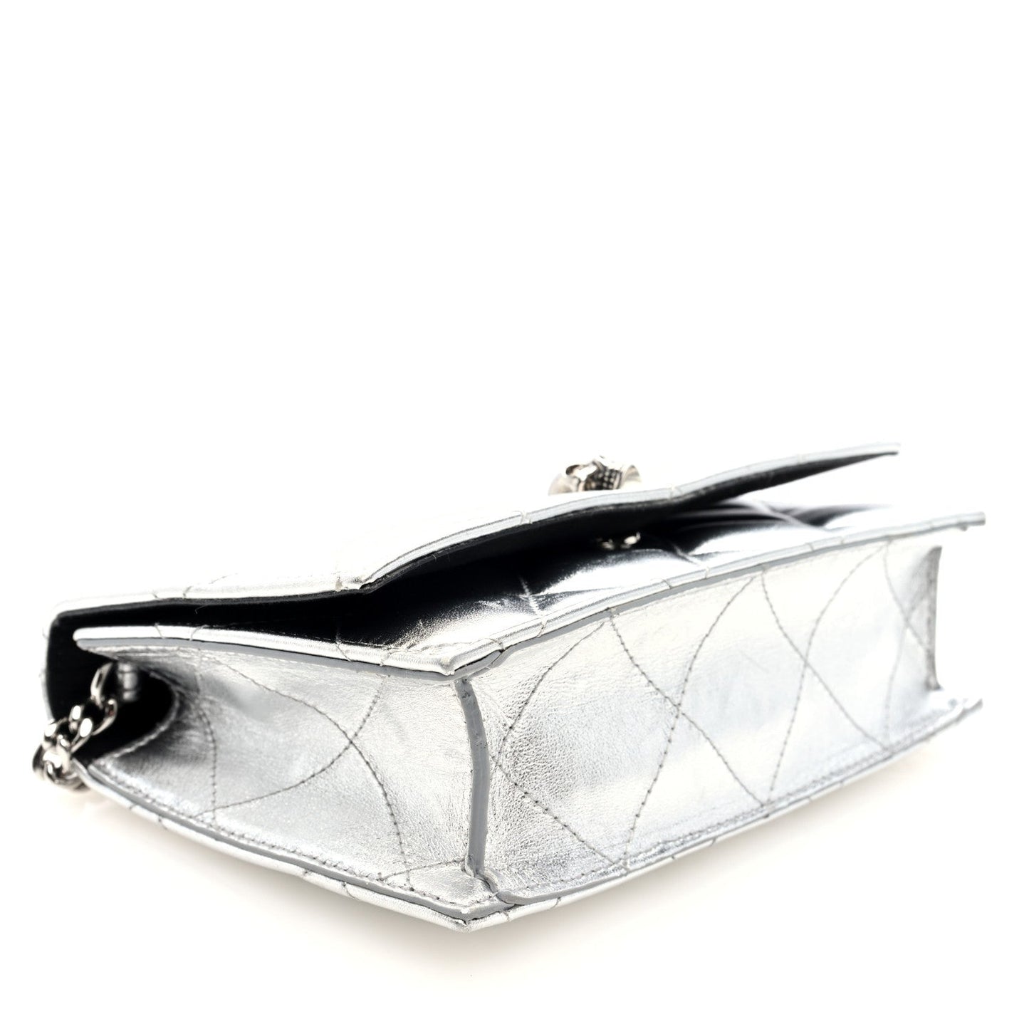 Metallic Calfskin Quilted Graffiti Skull Small Chain Crossbody Bag Silver