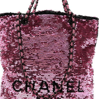 Sequin Logo Shopping Tote Pink Black
