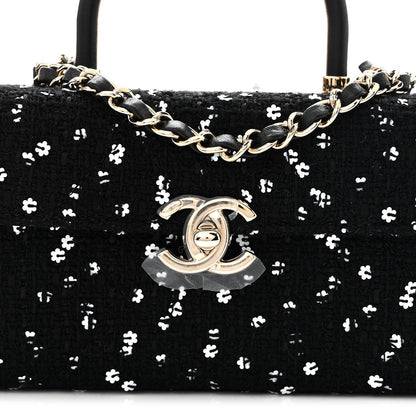 Tweed Sequin Quilted Top Handle Box Bag Black