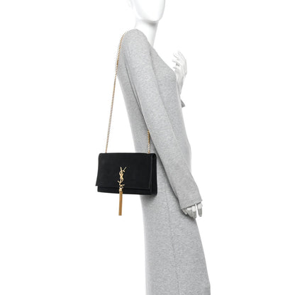 Suede Medium Classic Monogram Kate Tassel Satchel Black