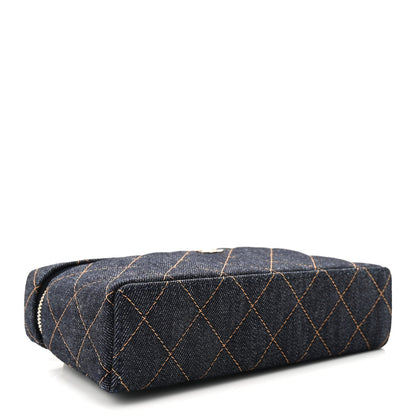 Denim Quilted Top Handle Slim Vanity Case With Chain Dark Blue Orange