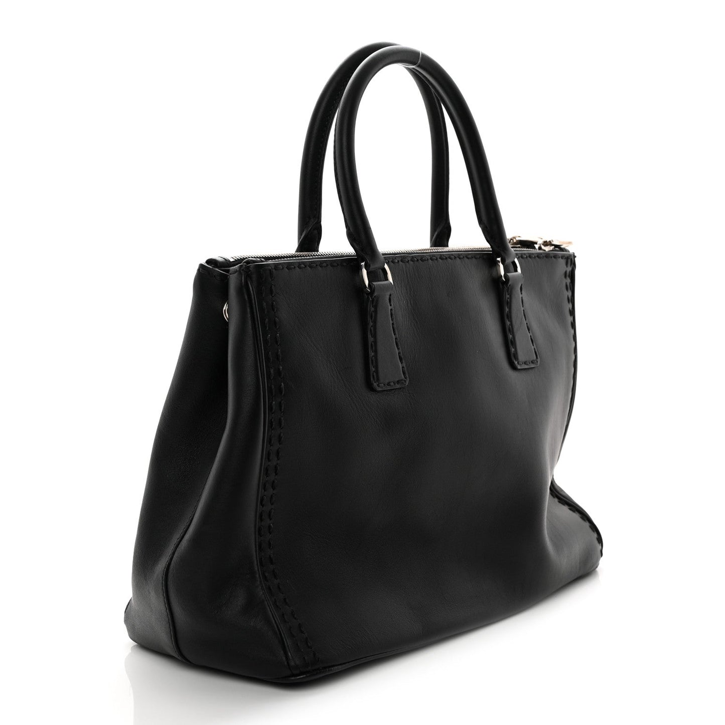 City Calf Hand Stitched Large Galleria Double Zip Tote Black