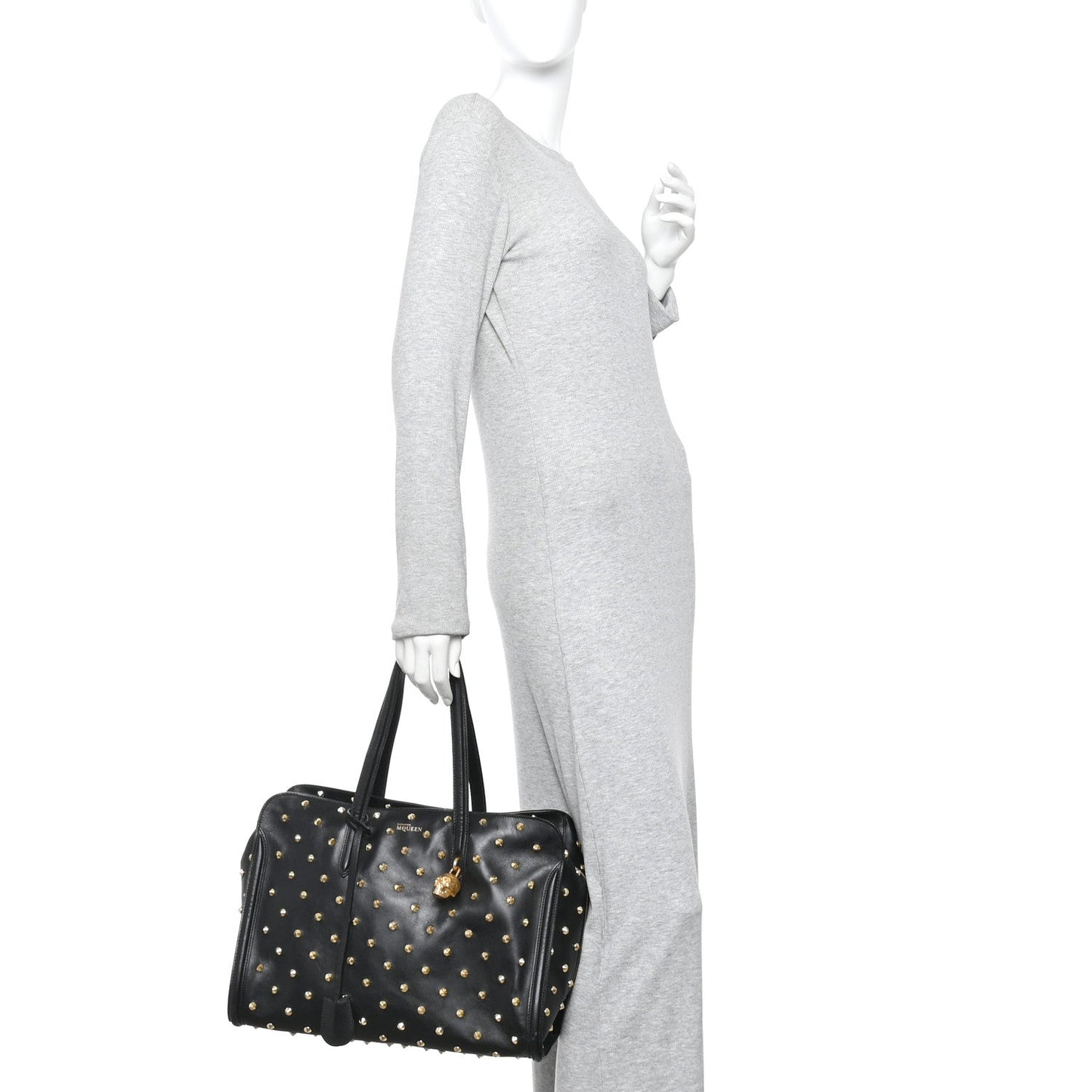 Calfskin Large Studded Padlock Zip Around Tote Black
