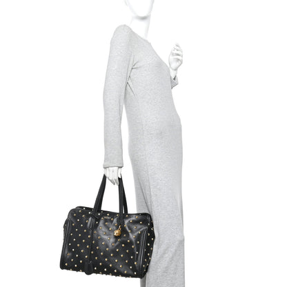 Calfskin Large Studded Padlock Zip Around Tote Black