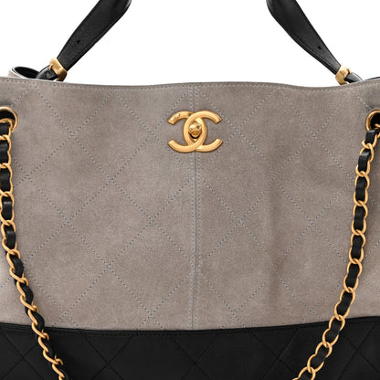 Suede Calfskin Shiny Lambskin Quilted Large Coco Base Shopping Bag Grey Black