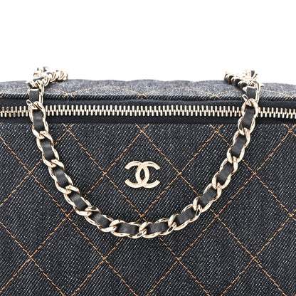 Denim Quilted Small Vanity Case With Chain Dark Blue Orange