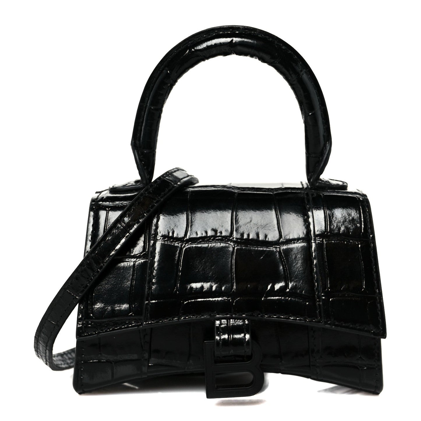 Shiny Calfskin Monochrome Crocodile Embossed Hourglass Top Handle Bag Mini Black