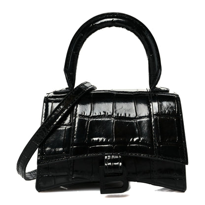 Shiny Calfskin Monochrome Crocodile Embossed Hourglass Top Handle Bag Mini Black
