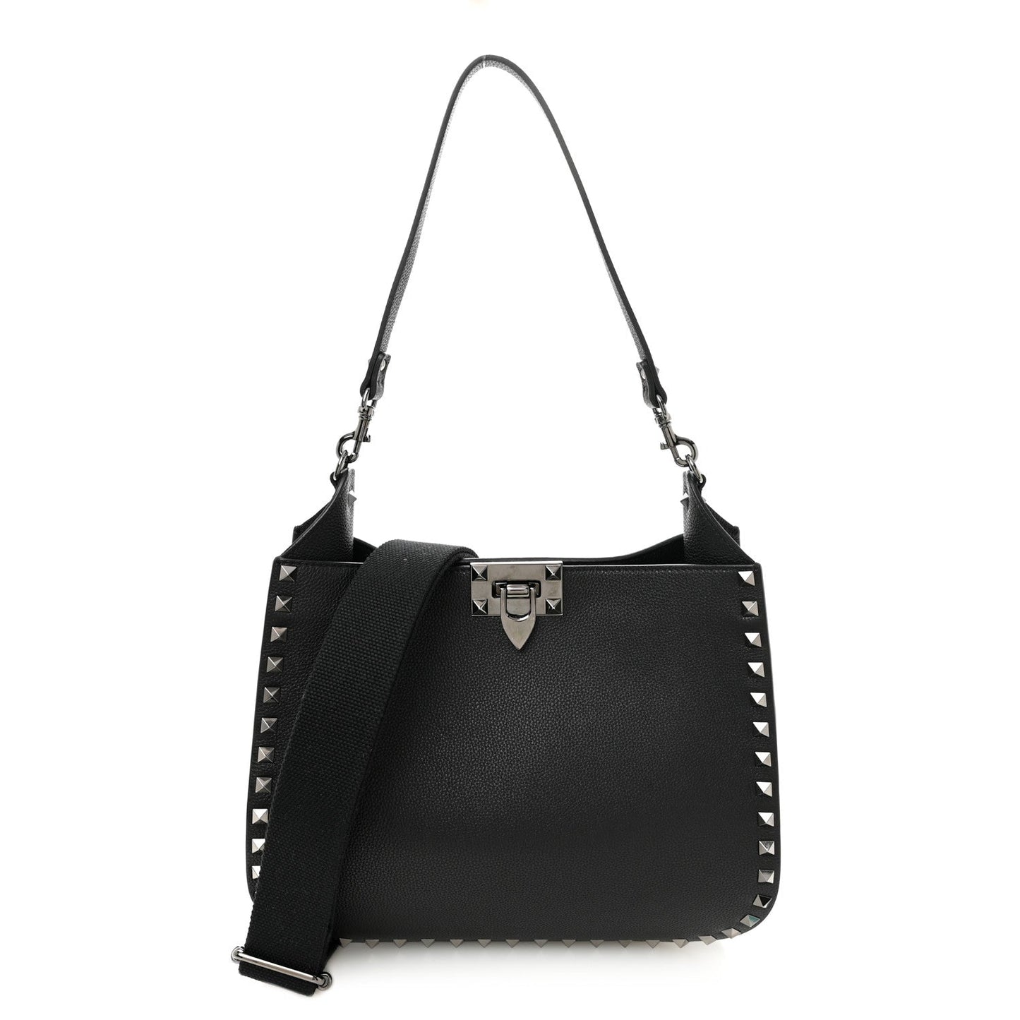Grained Calfskin Rockstud Hobo Shoulder Bag Black