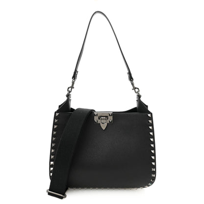 Grained Calfskin Rockstud Hobo Shoulder Bag Black
