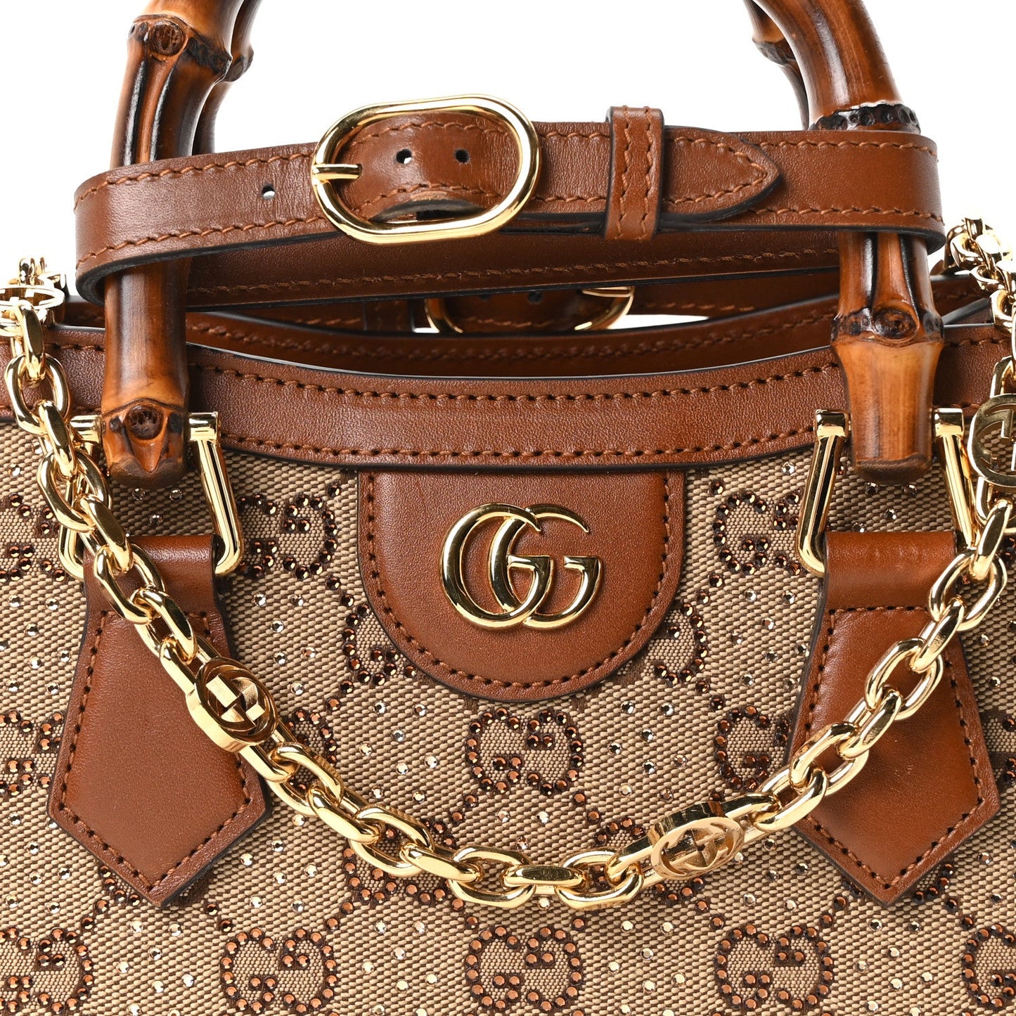 New Canvas Charisma Calfskin Crystal GG Monogram Mini Diana Tote Bag Camel Ebony