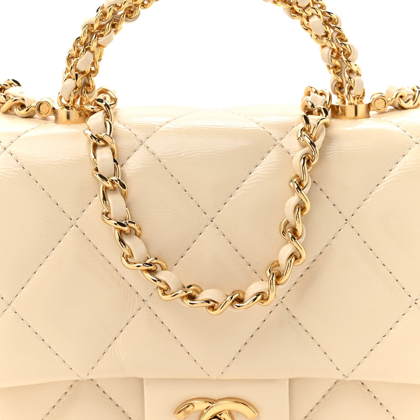 Shiny Lambskin Quilted Golden Links Top Handle Flap White