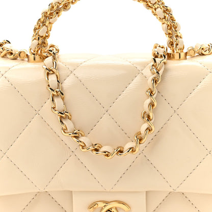 Shiny Lambskin Quilted Golden Links Top Handle Flap White