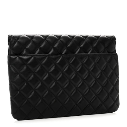 Calfskin Quilted Front Logo Enchained Clutch Black