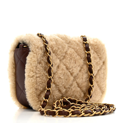 Shearling Lambskin Quilted Mini Furry Coco Flap Beige Dark Brown
