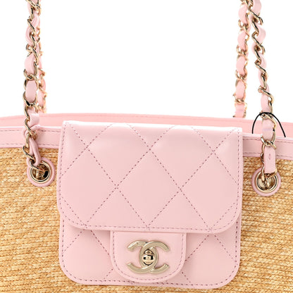 Raffia Braided Lambskin Small Wicker Tote Beige Light Pink