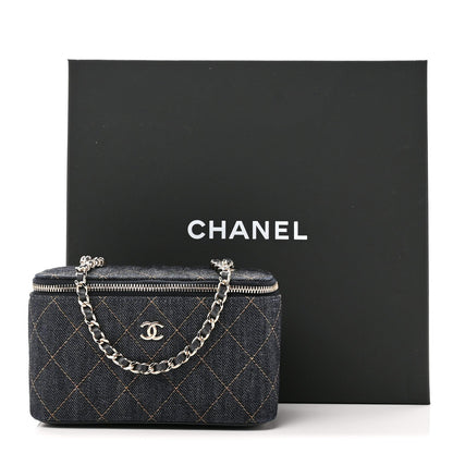 Denim Quilted Small Vanity Case With Chain Dark Blue Orange