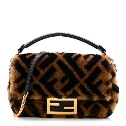 Shearling Vitello Dolce Macro FF 1974 Mini Baguette Tobacco Black