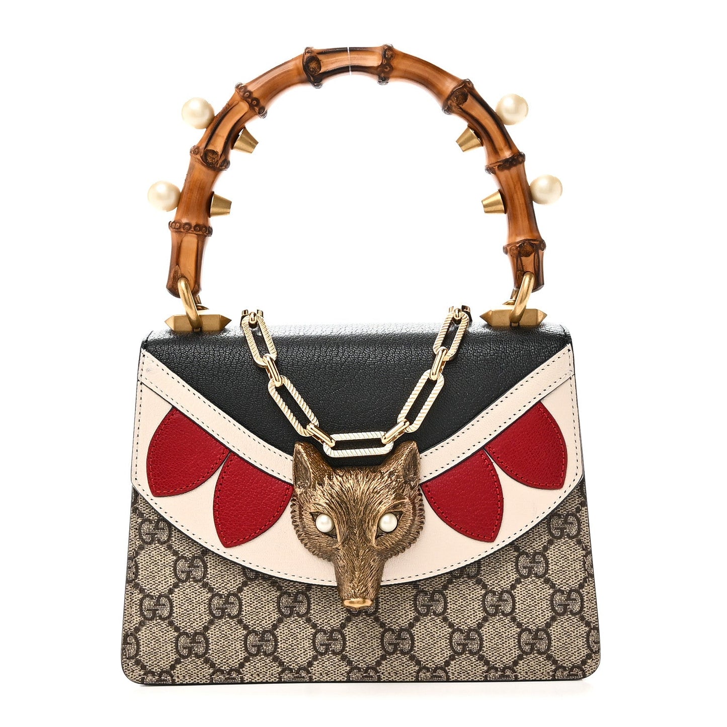 GG Supreme Monogram Goatskin Pearl Mini Fox Broche Bamboo Top Handle Bag Beige Ebony Black Hibiscus Red Mystic White