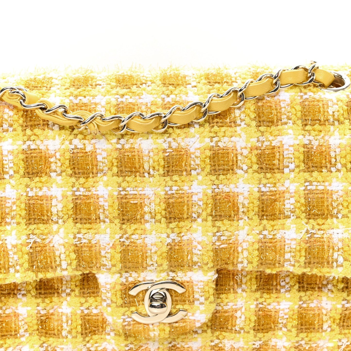 Tweed Quilted Medium Double Flap Yellow White Ochre
