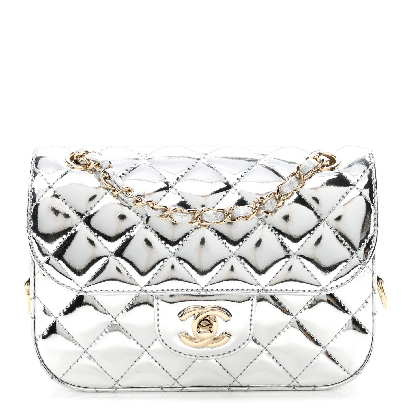 Mirror Calfskin Metallic Calfskin Quilted Hollywood Boulevard Mini Flap With Star Coin Purse Silver