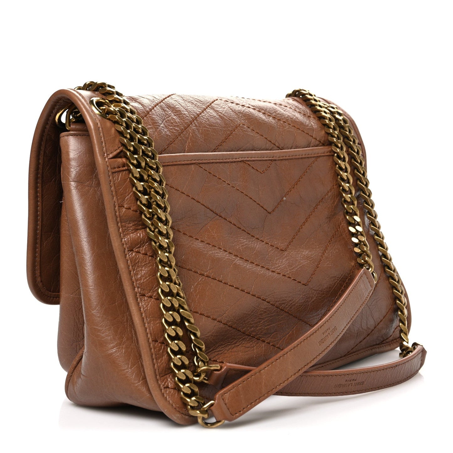 Crinkled Calfskin Matelasse Monogram Medium Niki Chain Satchel Caramel