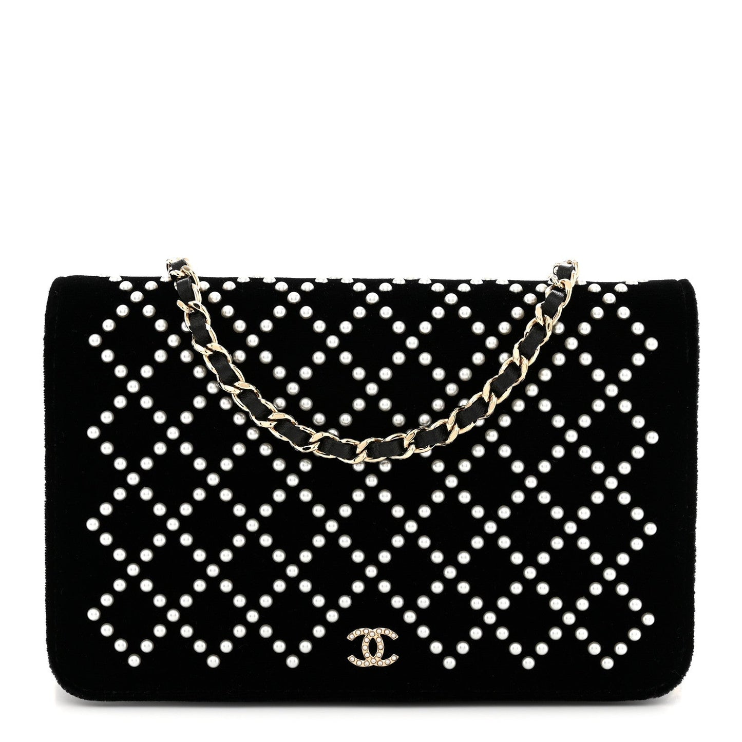 Velvet Pearl Diamond Embellished Wallet On Chain WOC Black