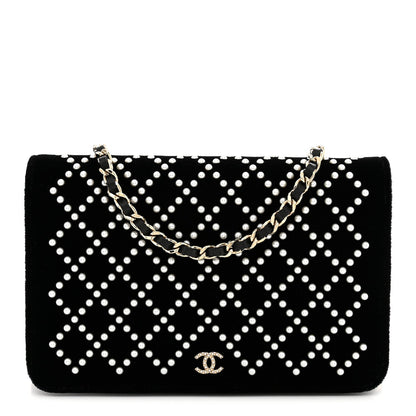 Velvet Pearl Diamond Embellished Wallet On Chain WOC Black