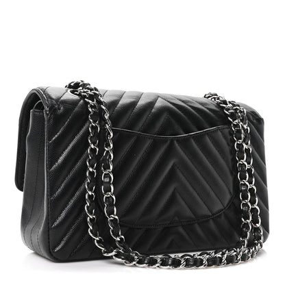 Caviar Chevron Quilted Medium Double Flap Black