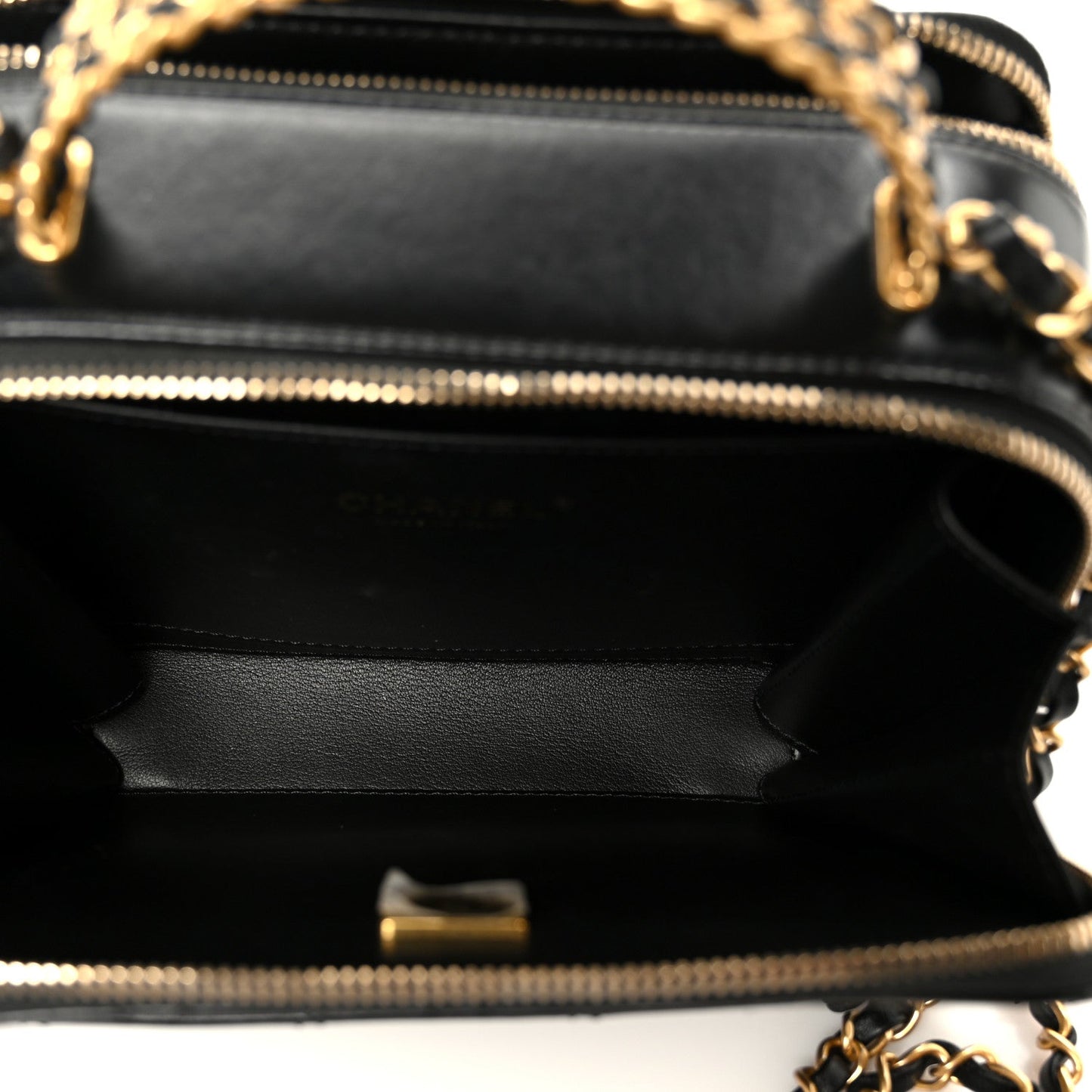 Shiny Calfskin Quilted Top Handle Vanity Black