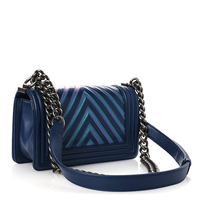 Calfskin Painted Chevron Embossed Small Boy Flap Dark Blue