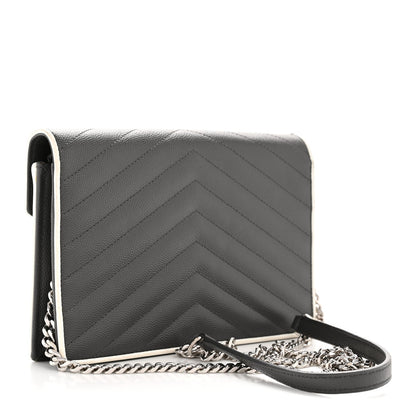 Grain De Poudre Matelasse Chevron Monogram Envelope Chain Wallet Asphalt White