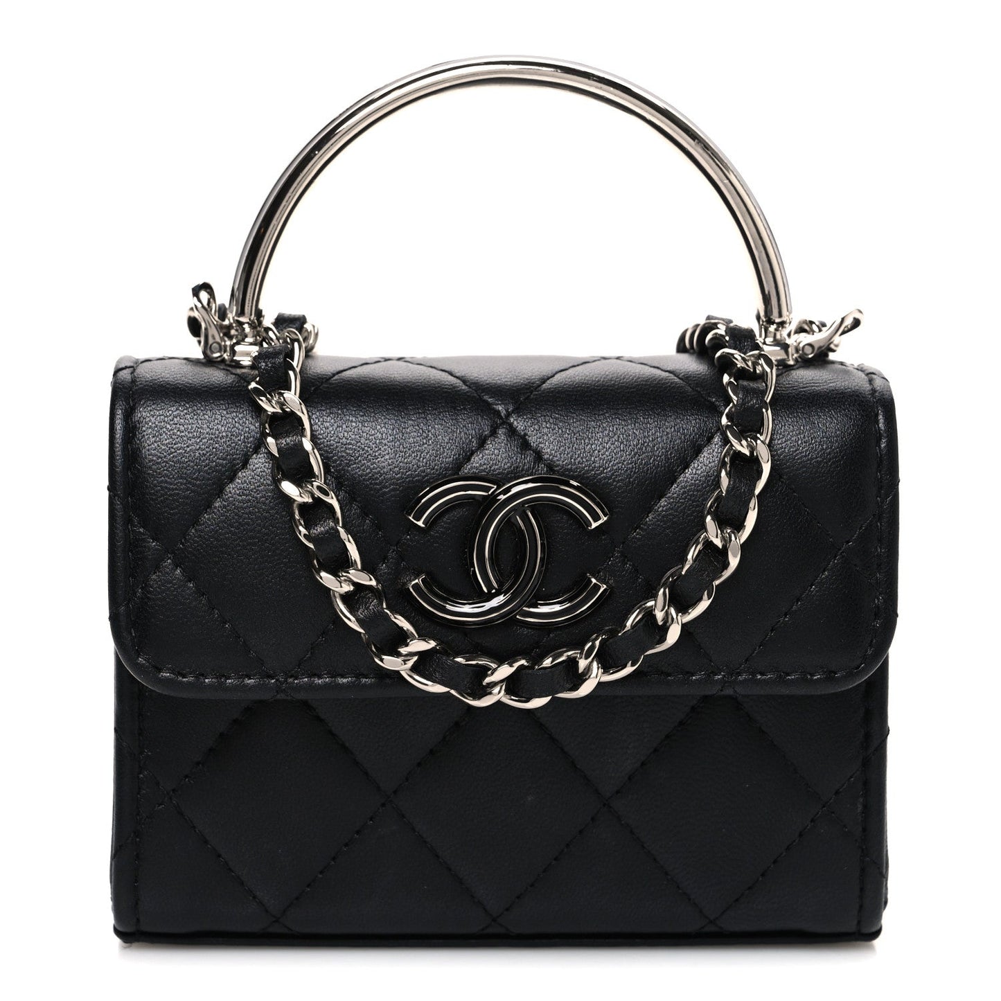 Lambskin Quilted Mini Metal Top Handle Flap Clutch With Chain  Black