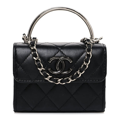 Lambskin Quilted Mini Metal Top Handle Flap Clutch With Chain  Black