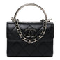 Lambskin Quilted Mini Metal Top Handle Flap Clutch With Chain  Black