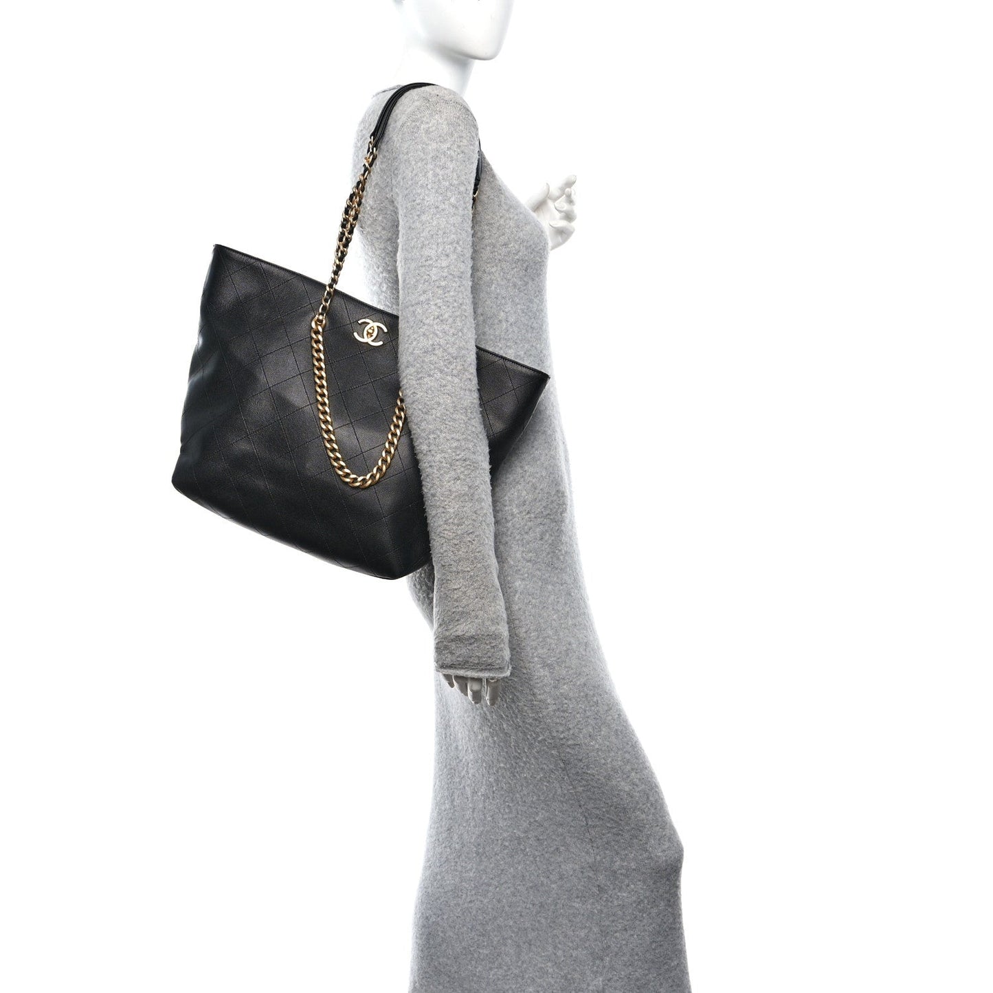 Shiny Caviar Stitched Softly Quilted Tote Black