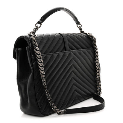 Sheepskin Matelasse Chevron Monogram Large College Satchel Black
