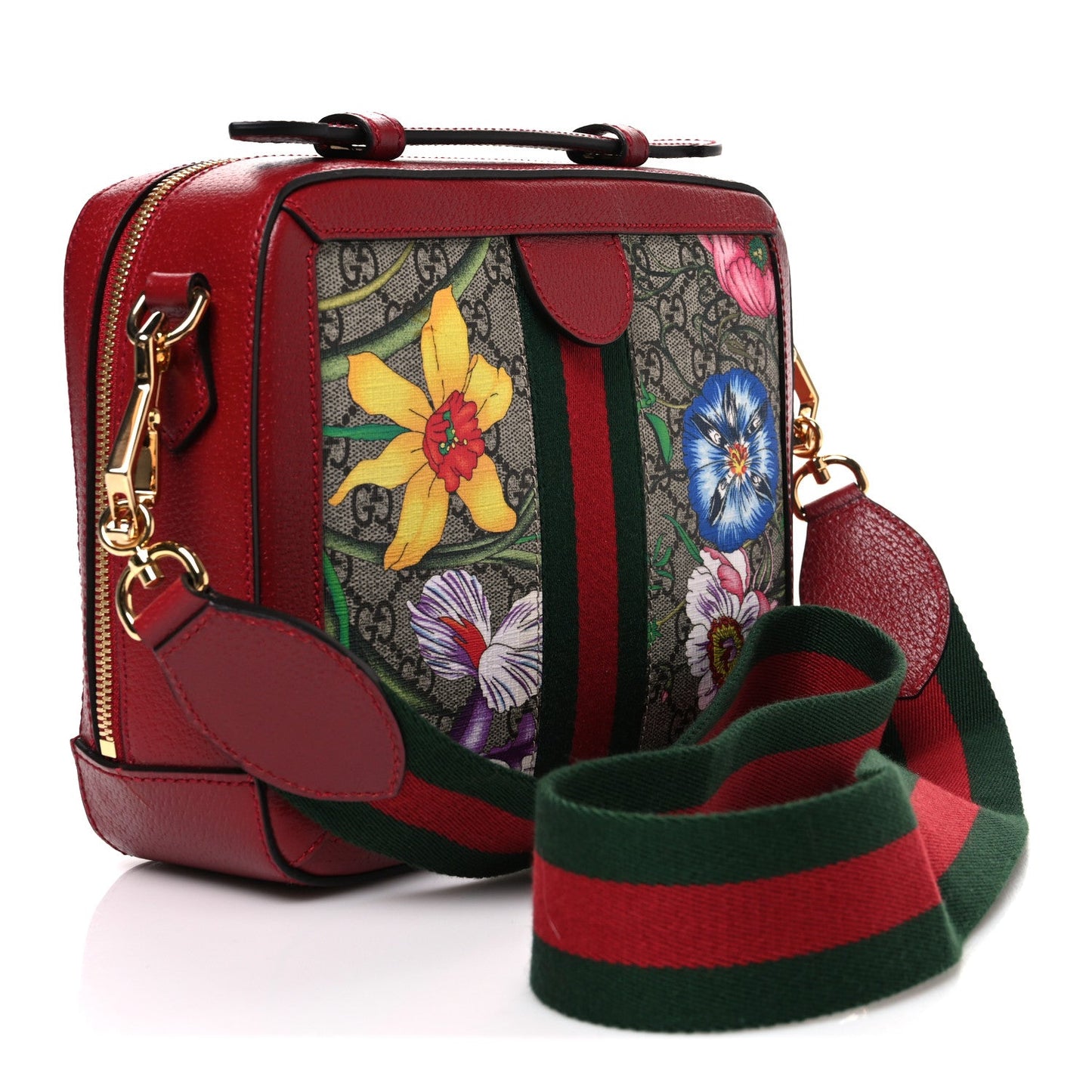 GG Supreme Monogram Flora Web Small Ophidia Top Handle Shoulder Bag Hibiscus Red